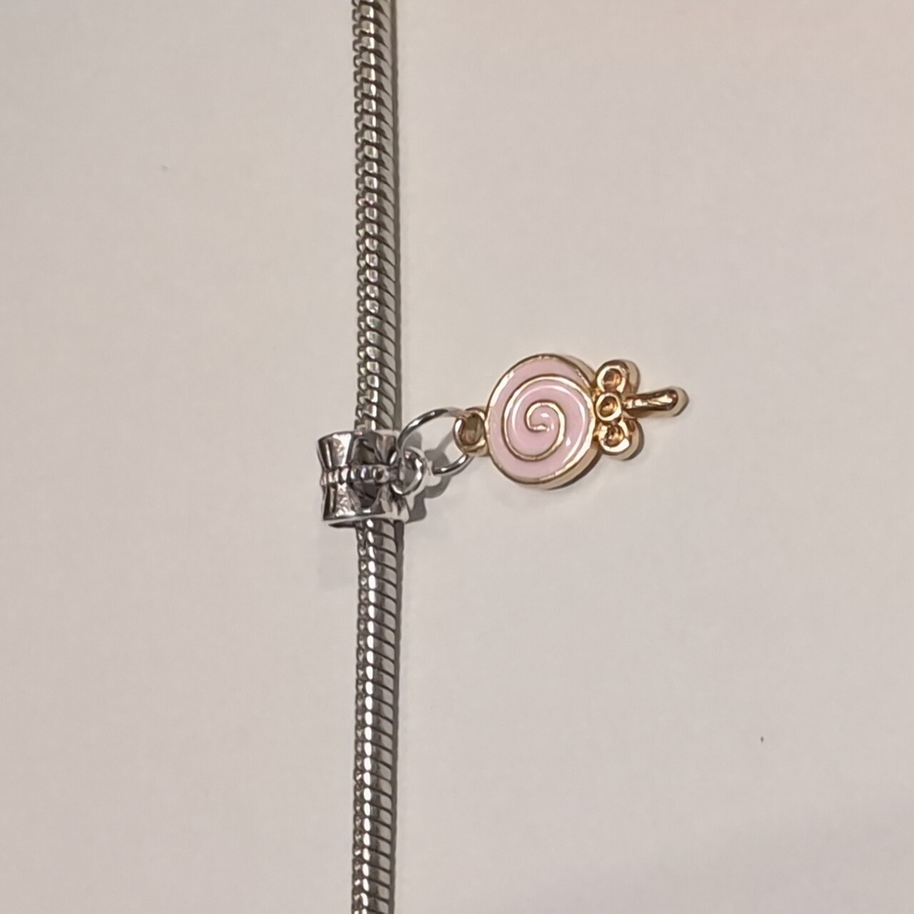 Silver Gold and Pink Lollipop‎ Enamel Dangle Charm for Pandora Style Bracelet